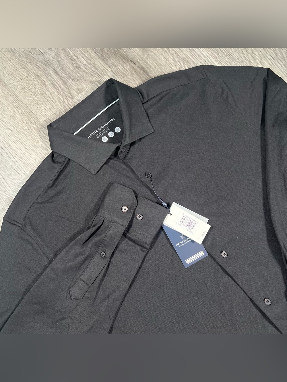 New Victor Emmanuel Men's Black Tech Shirt long sleeve Button XL 17.5 Stretch